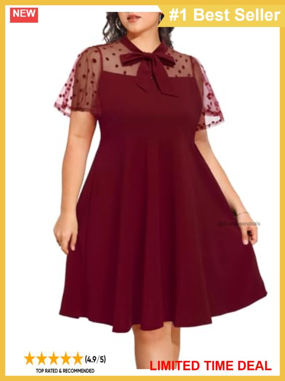 Plus Size Contrast Mesh A-Line Mini Dress Bow Tie Neck Polka Dot